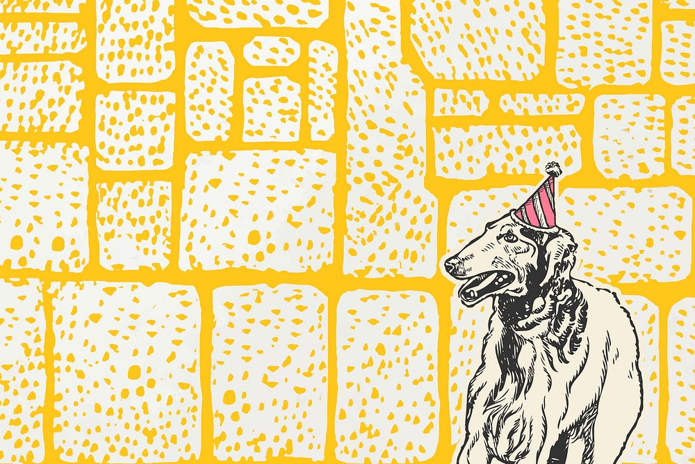 Birthday yellow background vector with cute greyhound dog