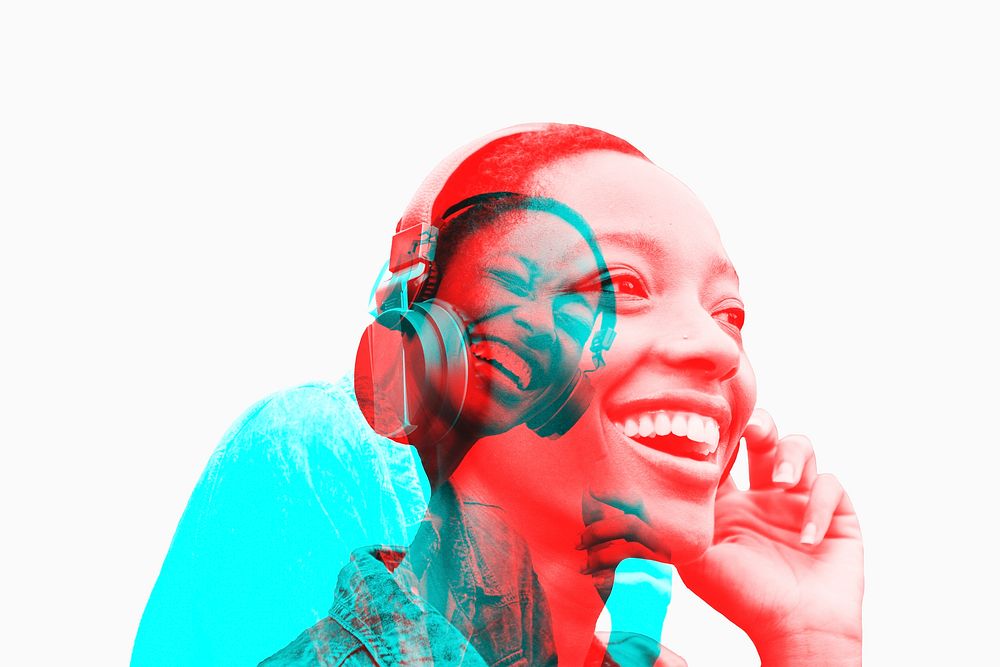 Woman listening to music with wireless headphones in double color exposure effect