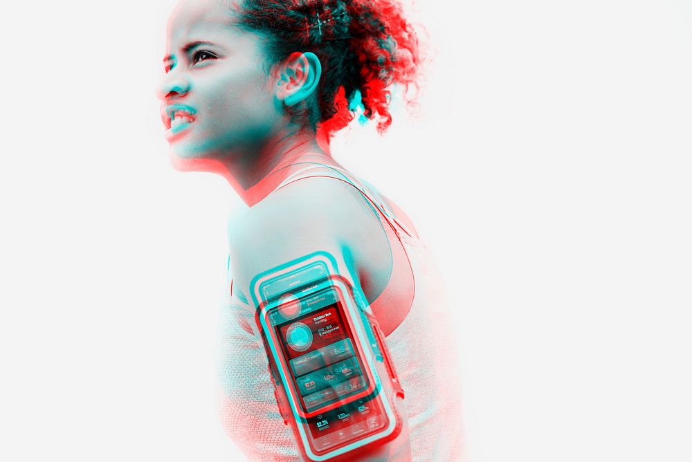 Healthy woman with phone armband double color exposure effec