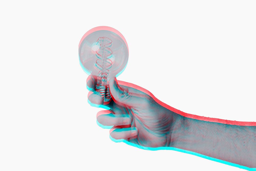 Hand holding a light bulb in double color exposure effect