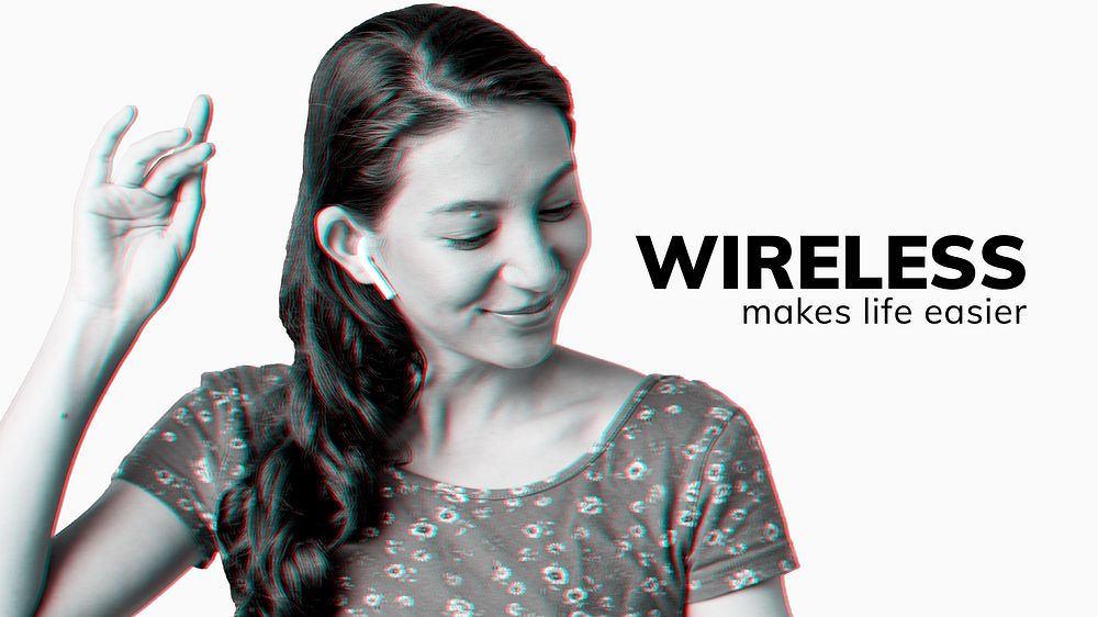 Woman listening to music through wireless earphones in double color exposure effect