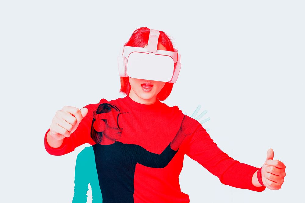 Woman experiencing metaverse, VR headset smart technology in double color exposure effect