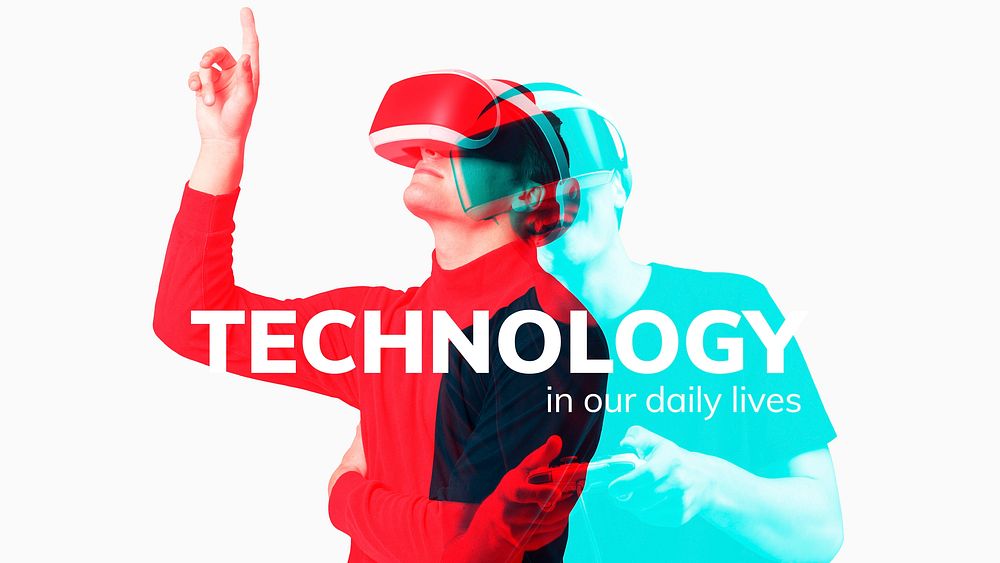 VR technology banner template vector in double color exposure effect
