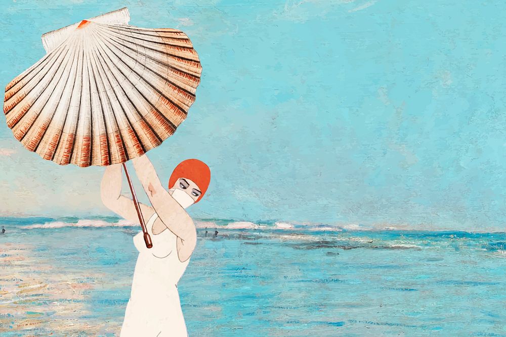Sea background vector with vintage woman holding clam shell, remixed from public domain artworks