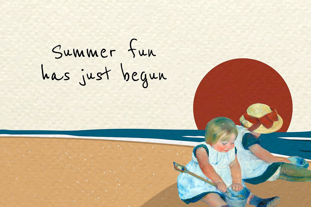 Holiday template psd with children playing on the beach, remixed from artworks by Mary Cassatt