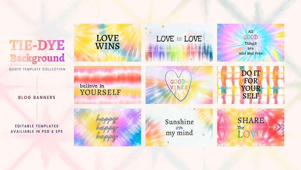 Quote editable template vector for blog banner tie dye set
