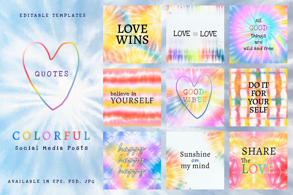 Colorful editable template vector for social media post tie dye set