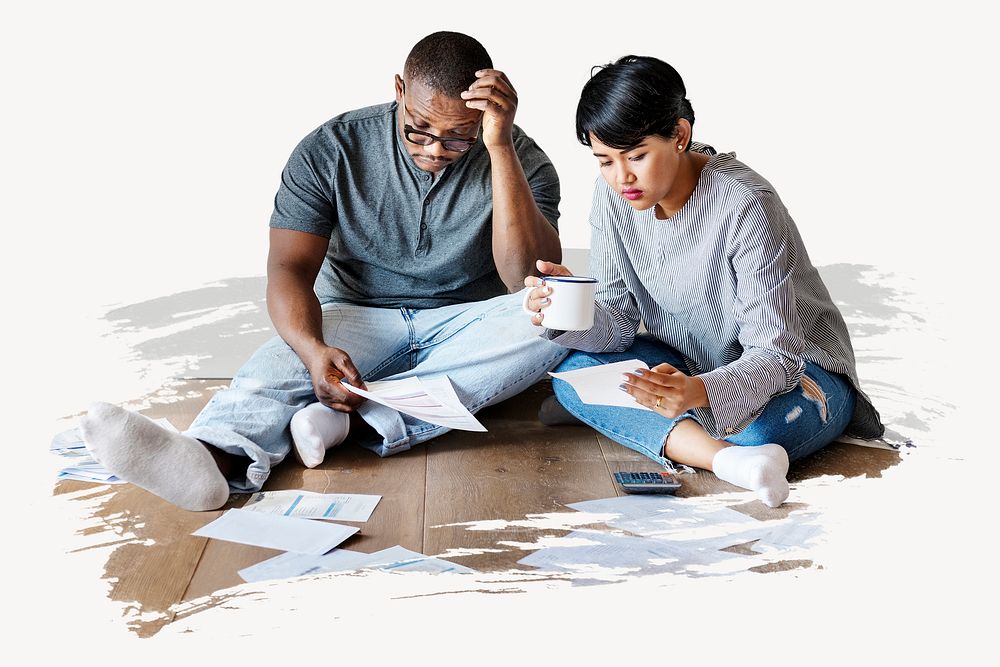 Couple managing the debt collage element psd