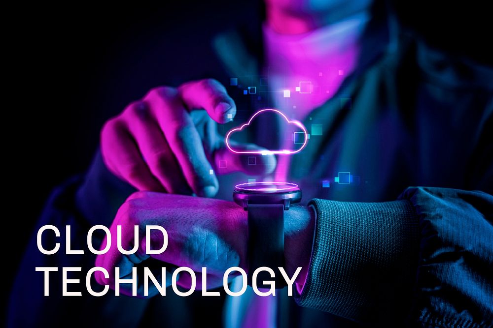 Cloud technology vector with futuristic hologram on smartwatch