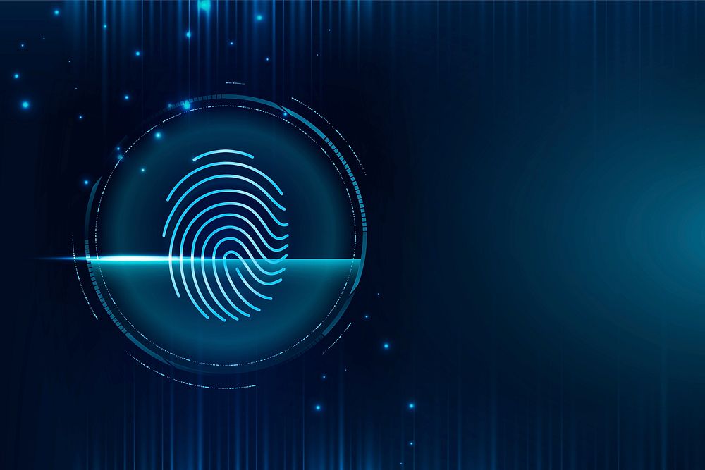 Cyber security technology background vector with fingerprint/facial recognition scanner in blue/purple/white tone