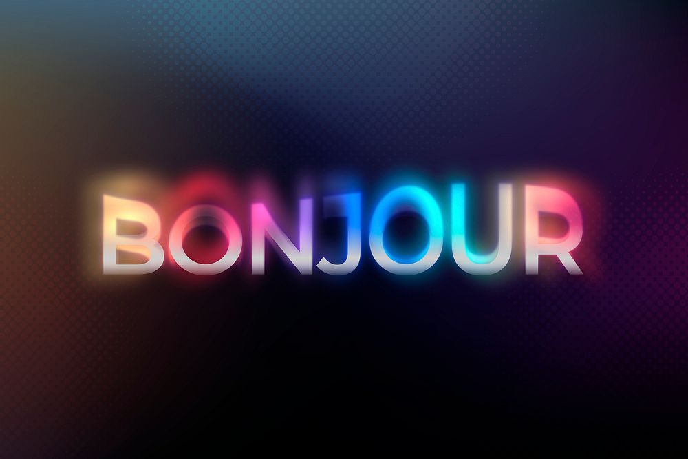 Bonjour word in colorful neon psychedelic font typography illustration