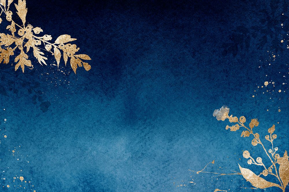 Winter floral border background in blue with leaf watercolor illustration