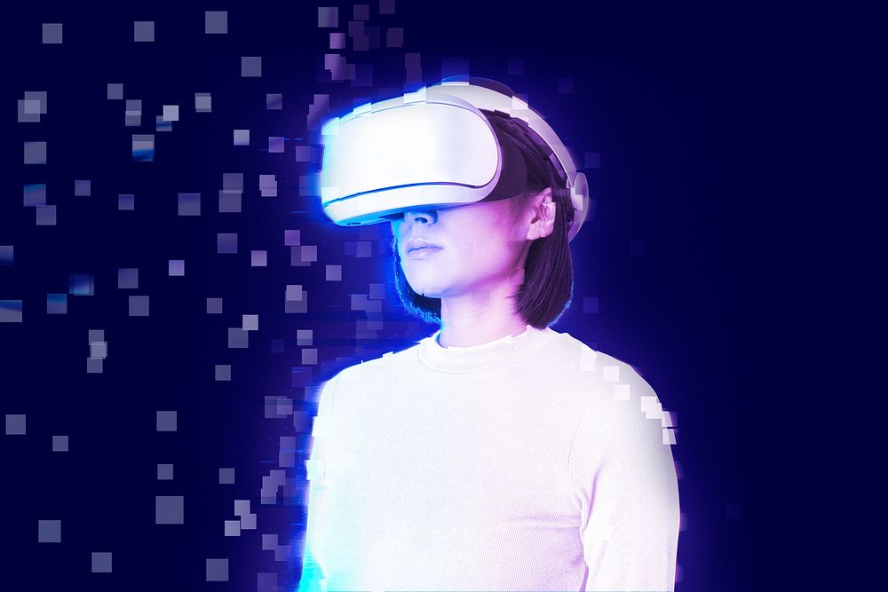 Woman in VR headset in pixel dispersion style