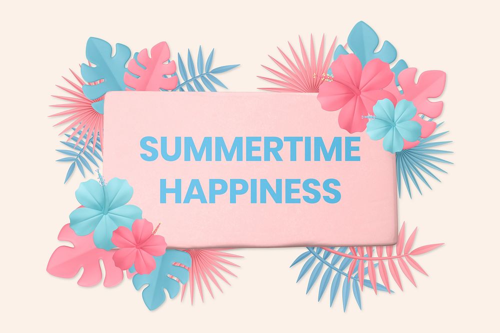 3D flower frame, pastel tropical summer with summertime happiness word psd