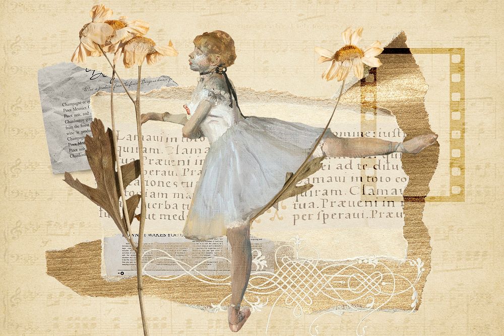 Vintage aesthetic ephemera collage, mixed media background featuring ballerina and flower