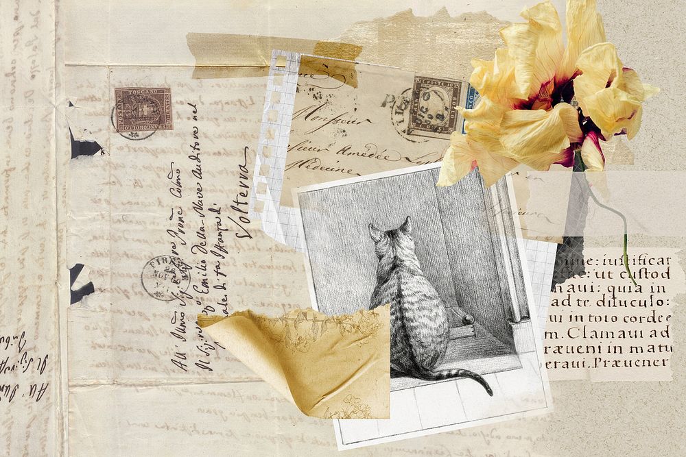 Vintage aesthetic ephemera collage, mixed media background featuring cat and flower