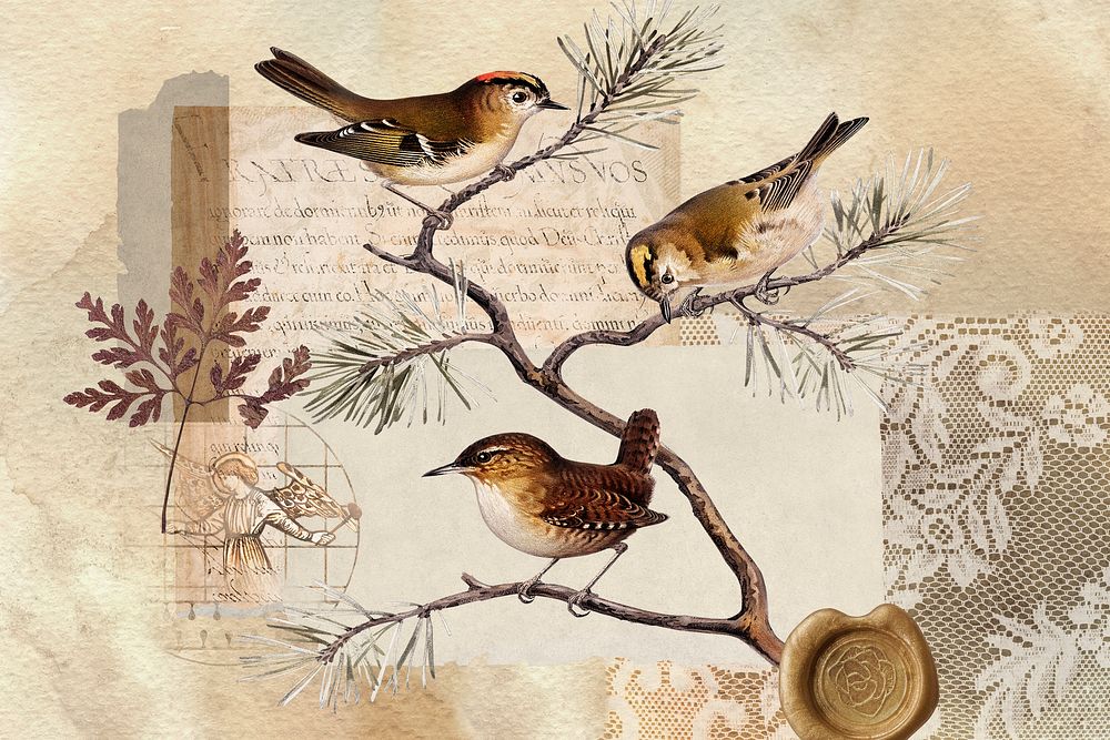 Vintage aesthetic ephemera collage, mixed media background featuring bird and wax seal