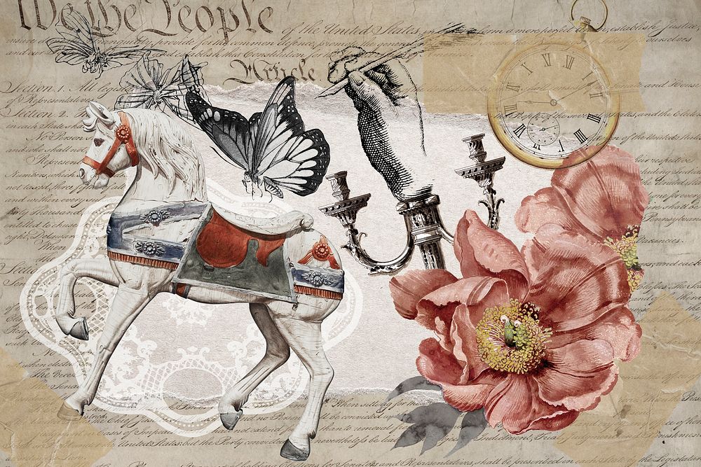 Vintage aesthetic ephemera collage, mixed media background featuring horse and flower