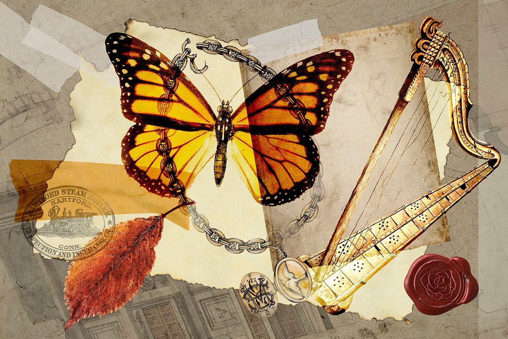 Vintage aesthetic ephemera collage, mixed media background featuring butterfly and harp
