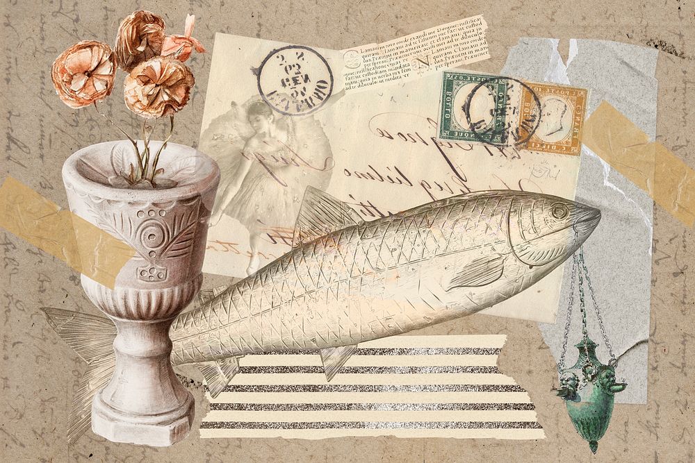 Vintage aesthetic ephemera collage, mixed media background featuring fish and flower 
