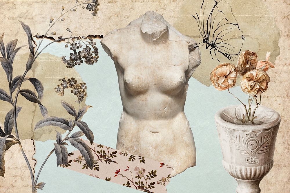 Vintage aesthetic ephemera collage, mixed media background featuring Greek statue and flower 