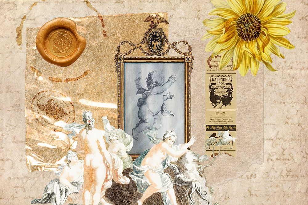 Vintage aesthetic ephemera collage, mixed media background featuring people and flower 