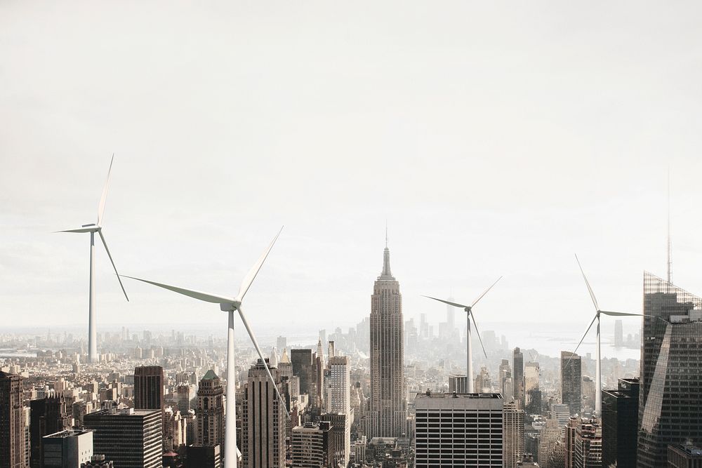 Renewable energy city, beige background