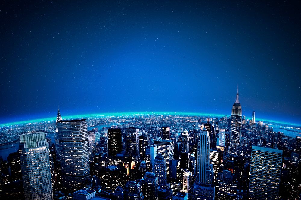 Metropolitan city at night, blue sky background