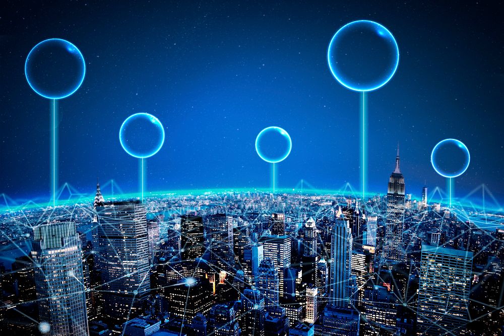 Advanced smart city technology, blue background 