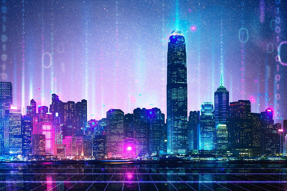 Connected office buildings, skyline background