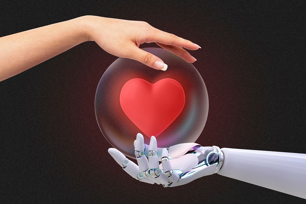 Human & robot love background, connecting feelings & technology 