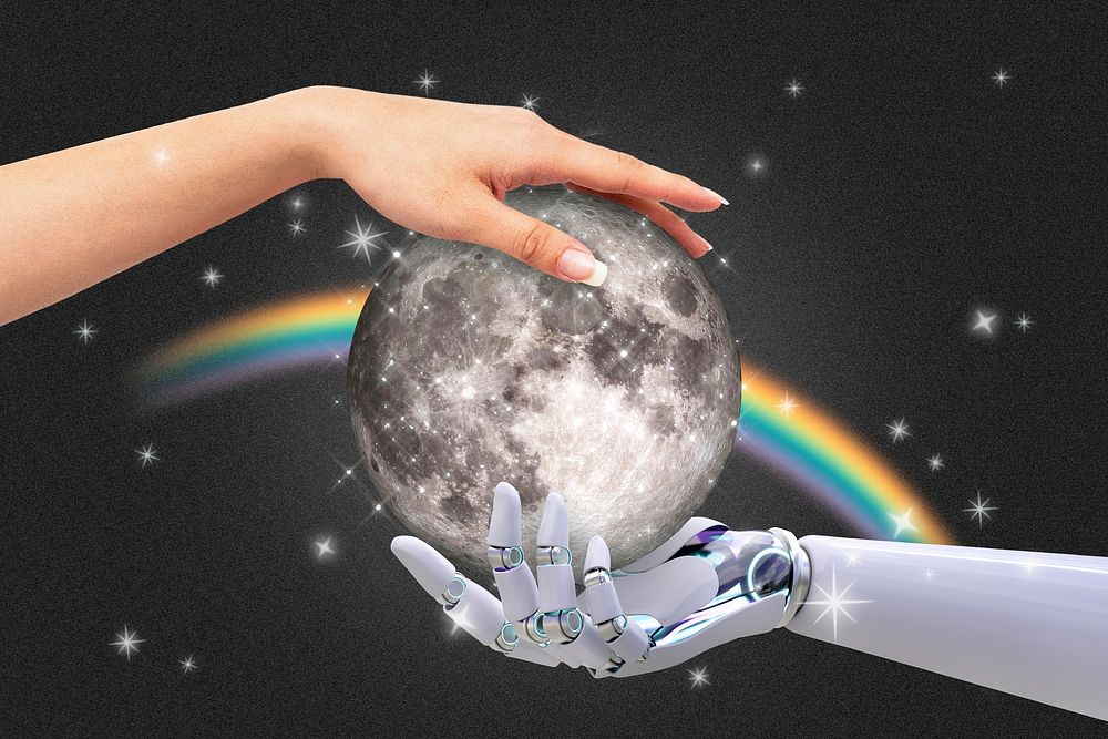 Aesthetic connection, robot & human hands background