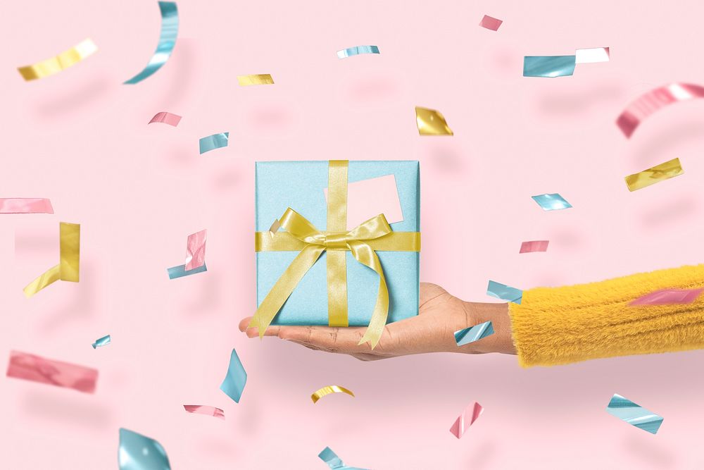 Birthday gift box, pink background
