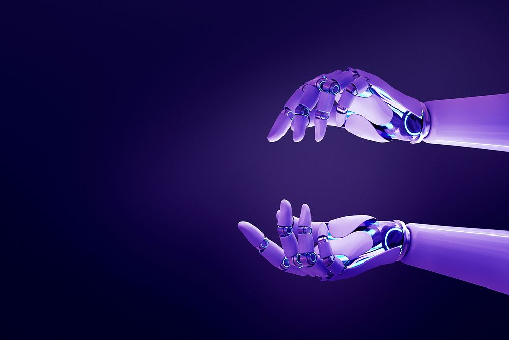 Purple robot hands, futuristic technology background