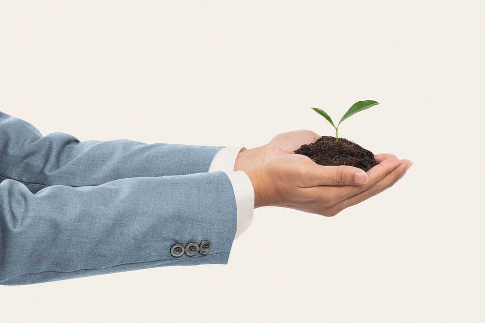 Green business background, businessman planting a tree psd