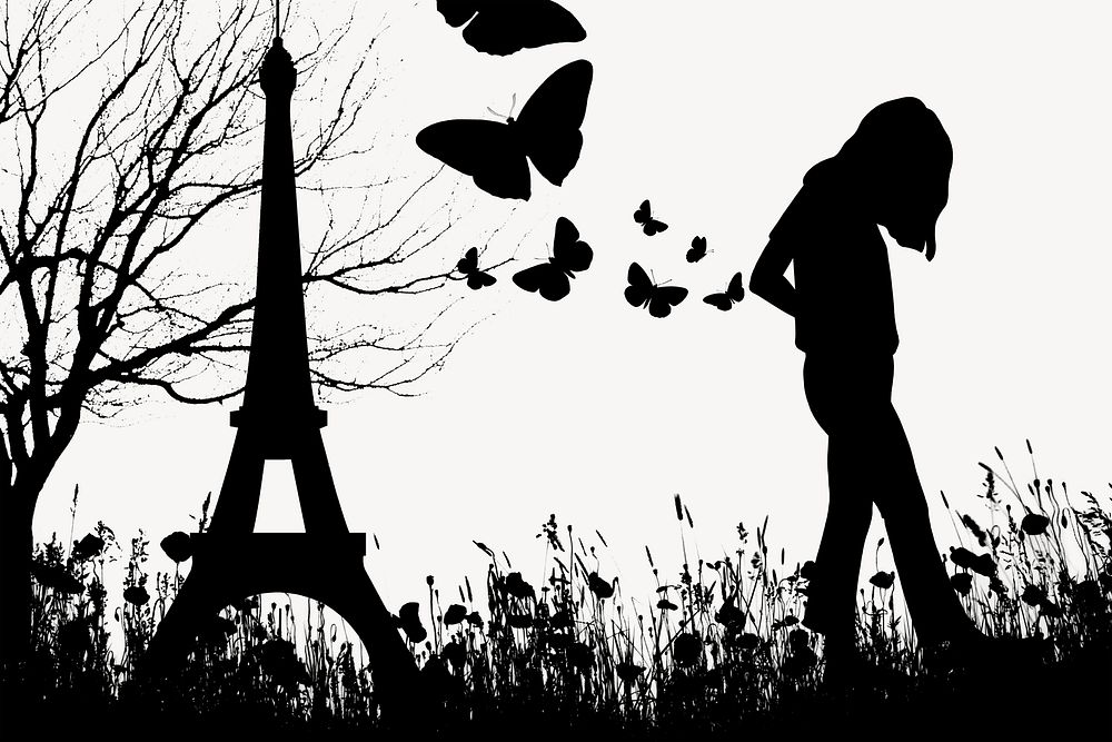 Paris silhouette background, girl walking alone psd