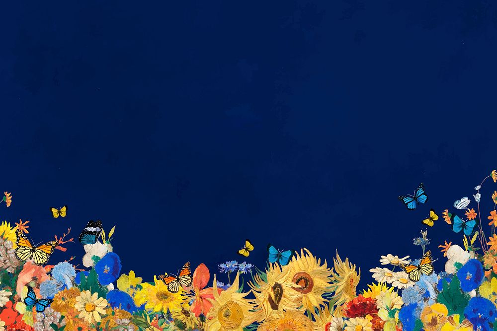 Sunflower blue border background, Van Gogh's artwork remixed by rawpixel vector
