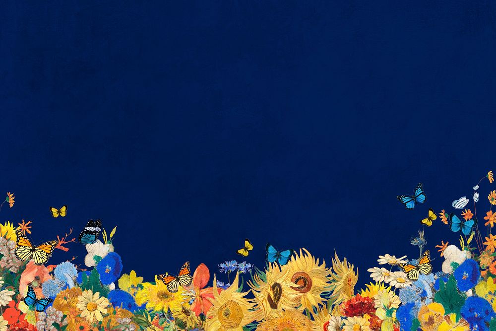 Sunflower blue border background, Van Gogh's artwork remixed by rawpixel psd