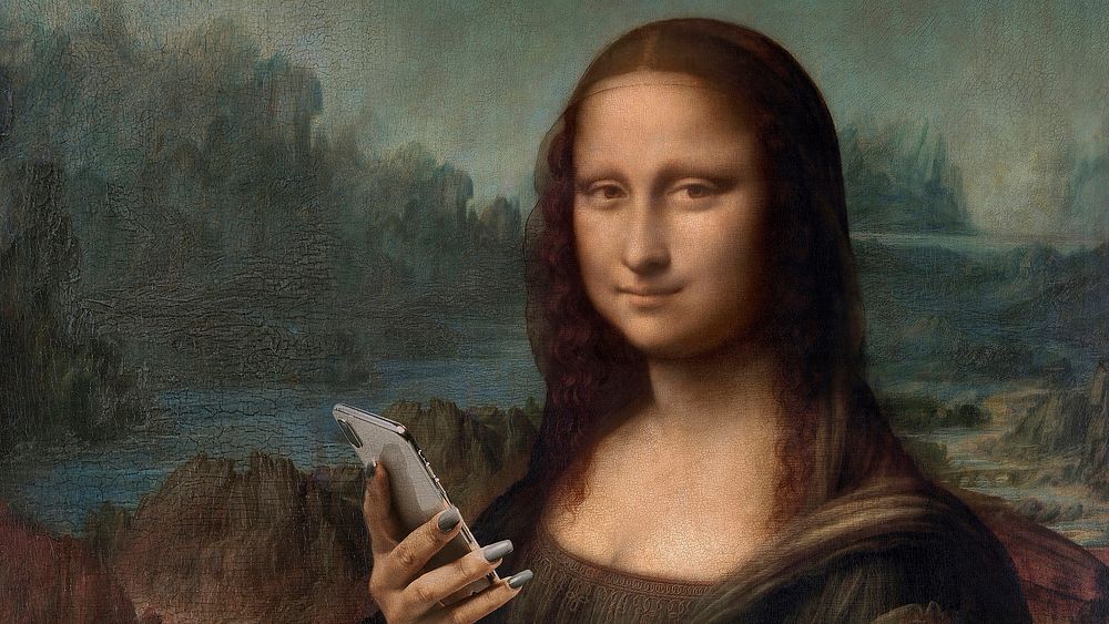 HD wallpaper, Mona Lisa using phone, Da Vinci's famous painting remixed by rawpixel