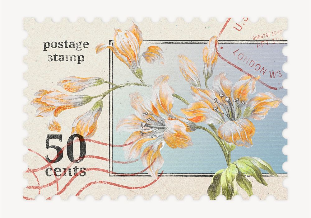 Flower postage stamp illustration, vintage graphic psd