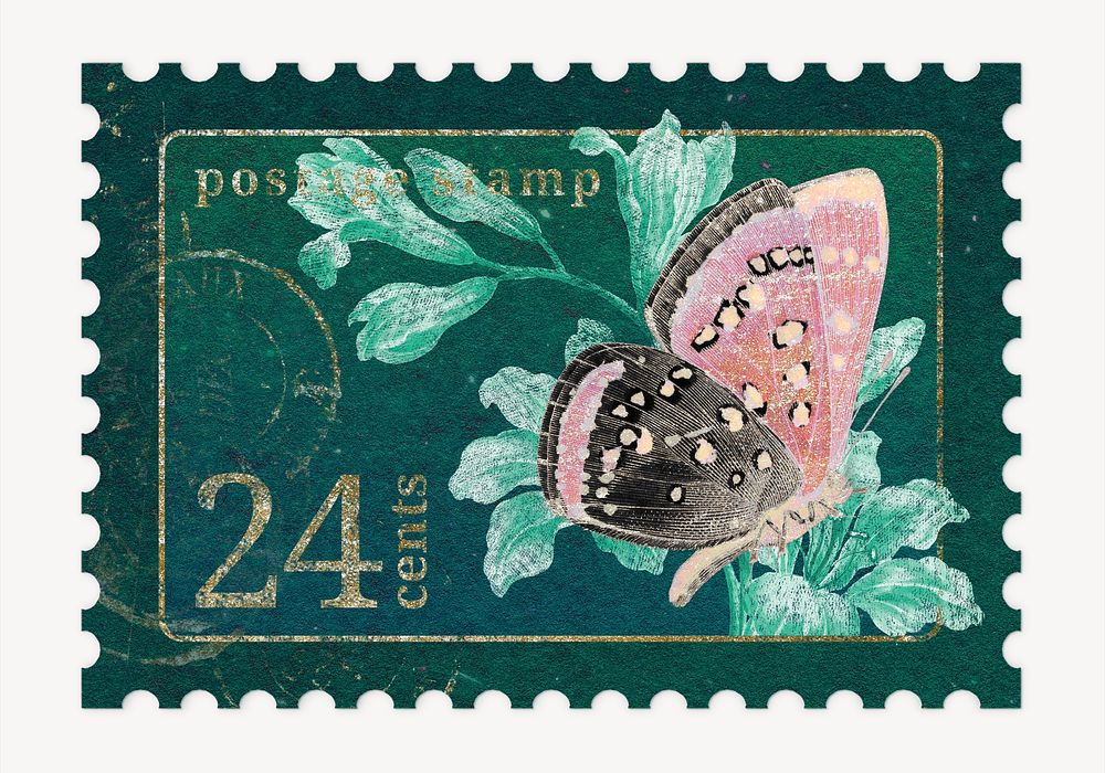 Butterfly postage stamp graphic, aesthetic illustration psd