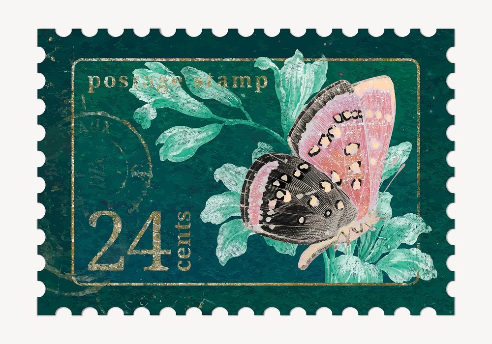 Butterfly postage stamp graphic, aesthetic illustration vector