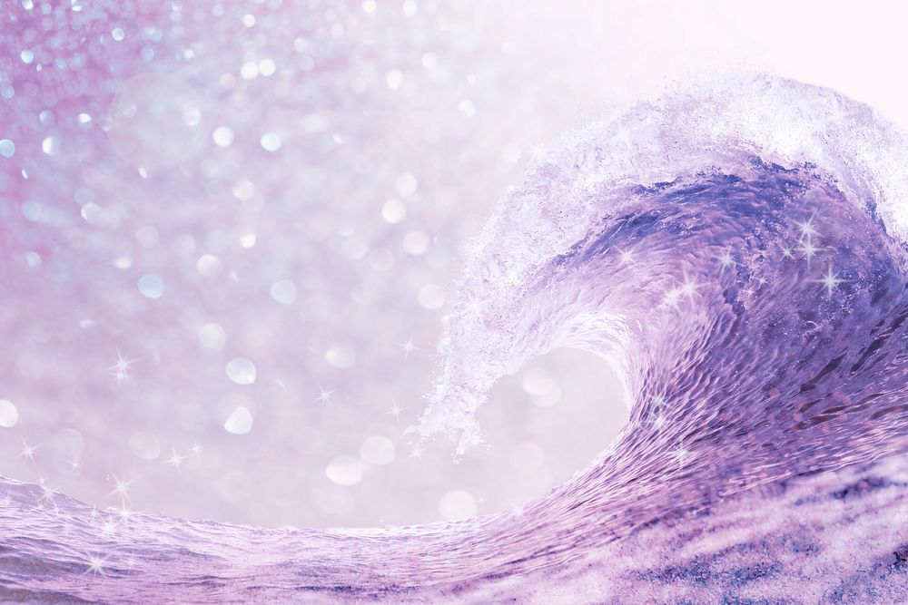 Aesthetic ocean wave background, purple sparkly nature border