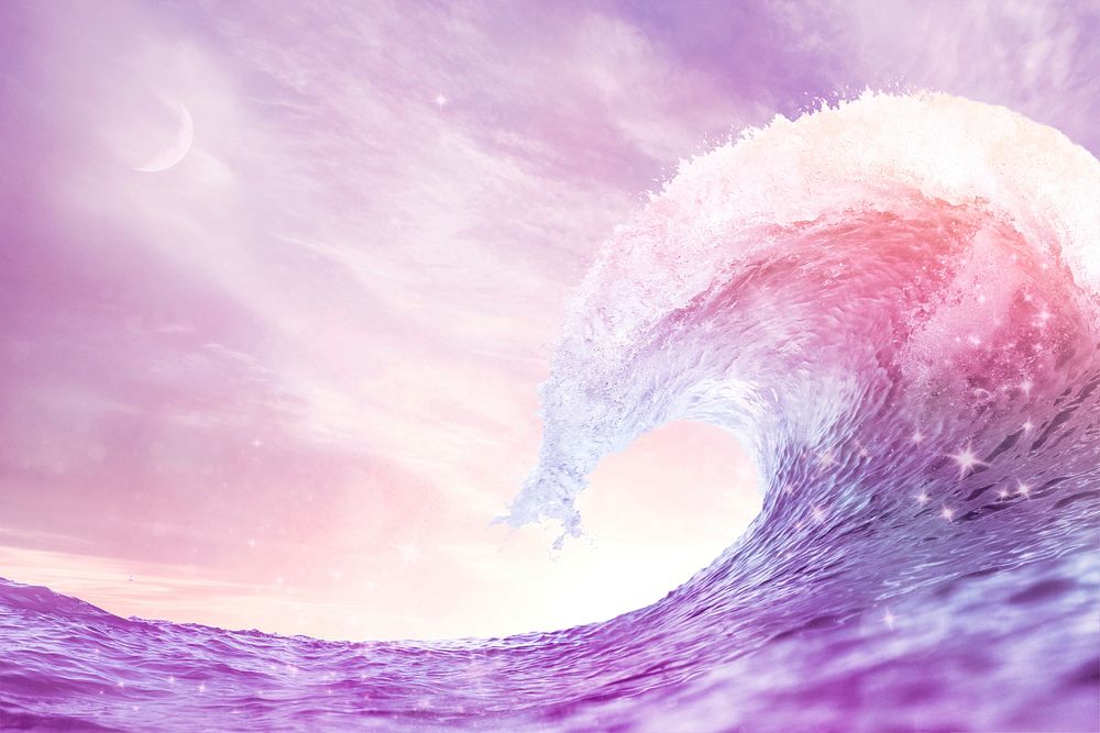 Ocean wave border background, aesthetic purple sky psd