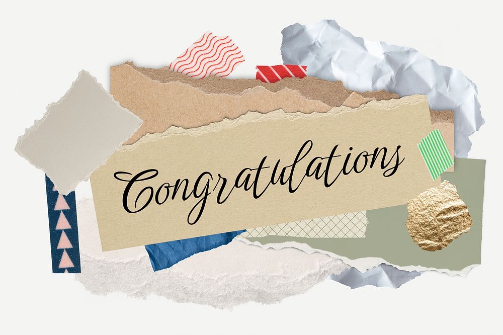 Congratulations word typography, aesthetic paper collage psd