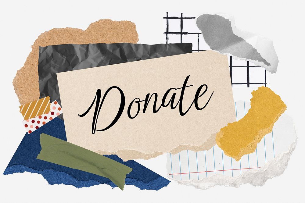 Donate word typography, aesthetic paper collage