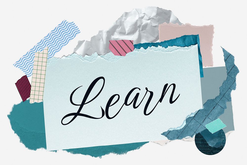 Learn word typography, aesthetic paper collage