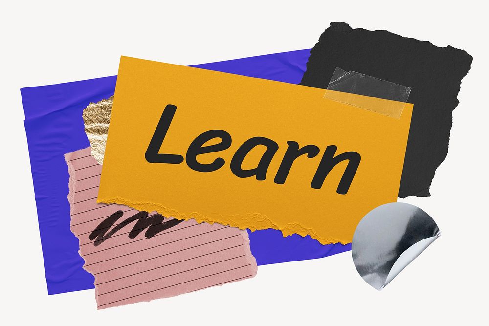 Learn word typography, aesthetic paper collage