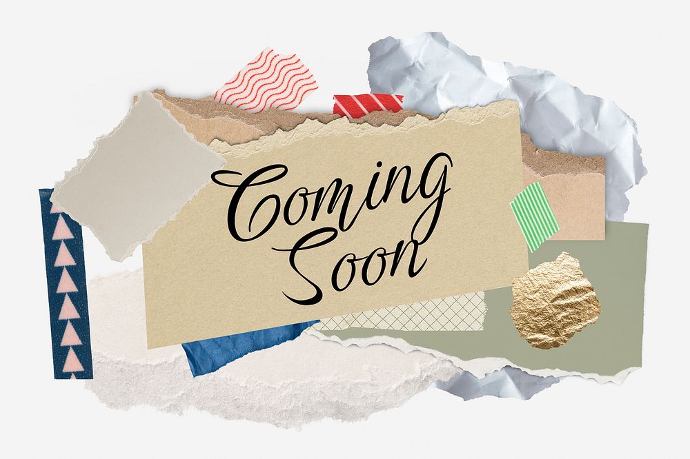 Coming soon word typography, aesthetic paper collage