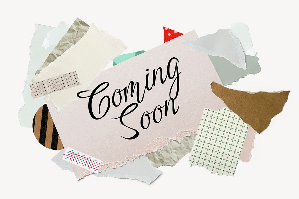 Coming soon word typography, aesthetic paper collage psd